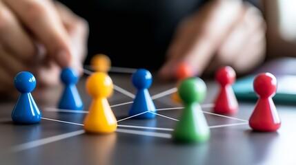 Aufkleber - A person's hands subtly adjust a network of colorful game pieces, representing interconnectedness and strategic planning.  The image depicts a complex system of relationships and colla : Generative AI