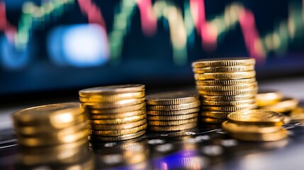 Leinwandbilder - Close-up of stacked gold coins against a blurred background of financial charts, illustrating growth and investment concepts. : Generative AI