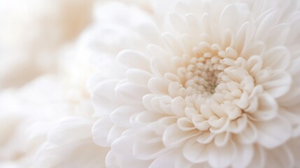 Poster - Close-up view of a delicate, creamy white chrysanthemum flower, showcasing its intricate petal structure and soft, subtle texture. The image evokes feelings of serenity and purity. : Generative AI