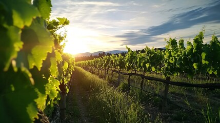 Poster - Sunset illuminates rows of vibrant green grapevines in a picturesque vineyard, bathed in the golden light of the setting sun, creating a serene and idyllic landscape. : Generative AI