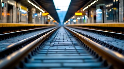 Aufkleber - Train tracks receding into a blurred subway station, showcasing the perspective and depth of the railway system. : Generative AI