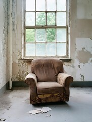 Aufkleber - A weathered brown armchair sits alone in a dilapidated room, sunlight streams through a large, multi-paned window revealing a glimpse of lush green trees outside. : Generative AI
