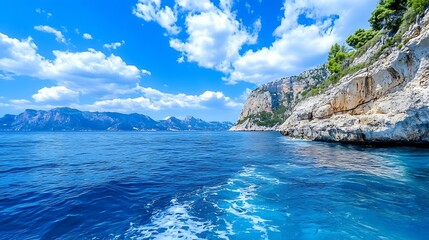 Poster - Stunning view of a mediterranean coastline, featuring dramatic cliffs, turquoise water, and a vibrant blue sky dotted with fluffy white clouds.  The mountains in the distance add depth : Generative AI