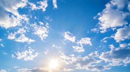 Aufkleber - Bright sun shining through fluffy cumulus clouds in a vivid blue sky, creating a serene and peaceful atmosphere. : Generative AI
