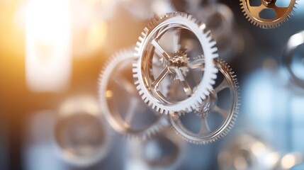 Aufkleber - Close-up of intricate metal gears intermeshing, showcasing precision engineering and complex mechanics.  The image evokes themes of industry, technology, and seamless operation. : Generative AI
