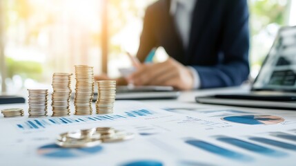 Leinwandbilder - Stacks of coins on financial charts show business growth and success, with a blurred businesswoman in the background working diligently. : Generative AI