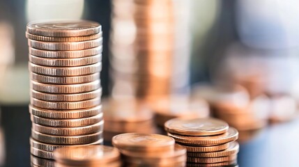 Poster - Close-up view of several stacks of copper coins, showcasing financial growth and wealth accumulation.  The coins are sharply focused, creating a detailed texture and reflecting light. : Generative AI