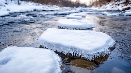 Poster - Icy stepping stones in a winter stream, snow-covered rocks partially submerged in flowing water, creating a tranquil winter scene. : Generative AI