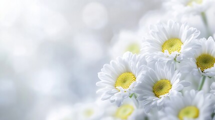 Poster - Close-up of delicate white daisies with yellow centers, softly blurred background, creating a serene and peaceful floral image. : Generative AI
