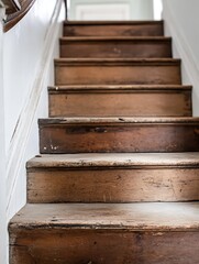 Poster - Close-up view of worn, wooden staircase steps, showing age and texture;  brown wood grain, weathered surface, interior setting. : Generative AI