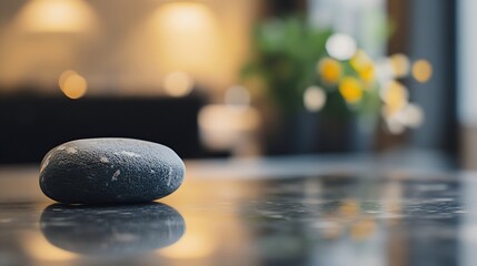 Poster - Single smooth grey stone rests on a polished dark surface, reflecting soft light; blurred yellow flowers and warm interior lighting in background. : Generative AI