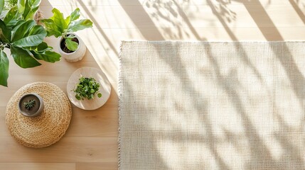 Poster - Sunlight streams through a window, illuminating a beige rug, two potted plants, and a woven mat on a light wood floor, creating a serene and minimalist home decor scene. : Generative AI