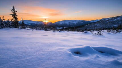 Poster - Serene winter sunrise over snow-covered mountains, showcasing a breathtaking panorama of pristine snow and majestic peaks bathed in the warm glow of the rising sun. : Generative AI