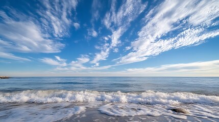 Poster - Serene coastal scene featuring gentle waves lapping a sandy shore under a vast, blue sky adorned with wispy, white clouds. : Generative AI