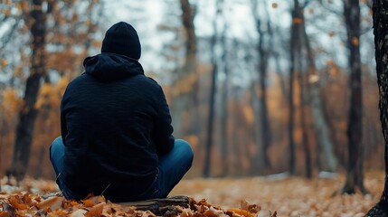 Poster - A lone person sits cross-legged on a log in an autumnal forest, contemplating the serene, colorful landscape. : Generative AI
