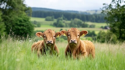 Aufkleber - Two adorable highland calves, golden-red fur, sit in lush green pasture, idyllic rural landscape in background. : Generative AI