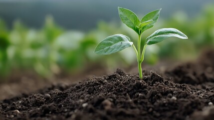 Aufkleber - A single vibrant green seedling emerges from dark soil, showcasing new growth and the promise of life against a blurred backdrop of similar plants. : Generative AI