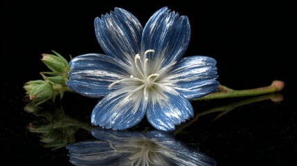 Poster - A close-up features a vibrant indigo blossom with silver accents, set against rich black velvet for a stunning contrast