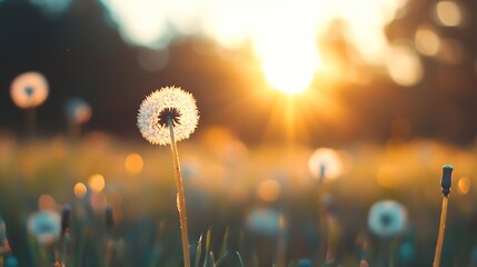 Poster - Golden hour sunset illuminates a field of dandelions, one in sharp focus, others blurred, creating a dreamy, peaceful atmosphere. : Generative AI