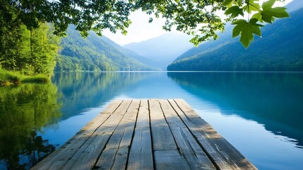 Poster - Serene mountain lake scene with wooden dock extending into calm, turquoise water, surrounded by lush green trees and tranquil hills under a clear sky. : Generative AI