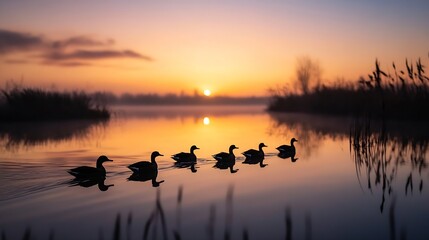 Poster - Silhouetted ducks swim peacefully across a calm lake at sunrise, their reflections mirrored perfectly in the still water, creating a serene and tranquil scene. : Generative AI