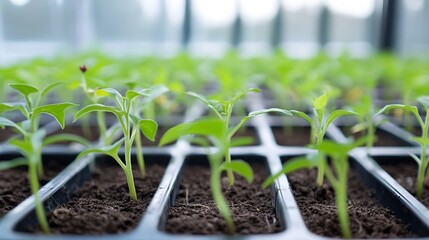 Aufkleber - Close-up view of vibrant green seedlings sprouting from rich dark soil in individual compartments of a seedling tray, showcasing early growth stages in a greenhouse setting. : Generative AI