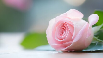 Poster - Close-up of a delicate pink rose resting on a light surface, petals softly unfurling, showcasing its gentle beauty and subtle color variations. : Generative AI