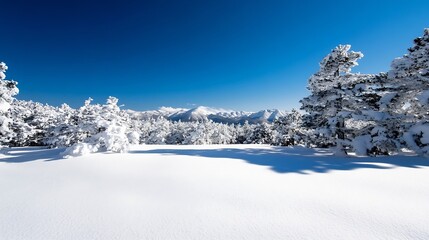 Aufkleber - Snow-covered pine trees stand silhouetted against a brilliant blue sky, with a majestic mountain range in the background, creating a serene winter landscape. : Generative AI