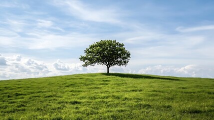 Aufkleber - Single tree standing on a grassy hill under a partly cloudy blue sky, peaceful nature scene, idyllic landscape, serene summer day. : Generative AI