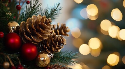 Poster - Close-up of golden pine cones and red ornaments on a christmas tree branch, with blurred golden lights in the background, creating a festive holiday scene. : Generative AI