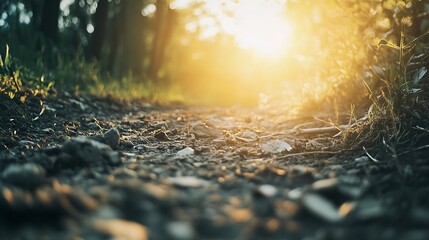 Poster - Sunlit Forest Path: Close-up view of a dirt trail in a sun-dappled forest, showing small rocks, twigs, and grass illuminated by the golden hour light. : Generative AI