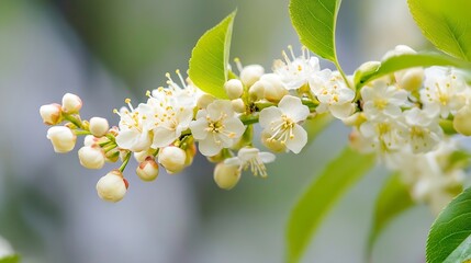 Poster - Close-up of delicate white blossoms on a branch, showcasing springtime freshness and natural beauty.  The soft petals and vibrant green leaves create a serene and peaceful image. : Generative AI