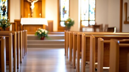 Poster - Empty wooden pews in a church sanctuary, sunlight streams through stained glass windows, altar and crucifix visible in the background. : Generative AI