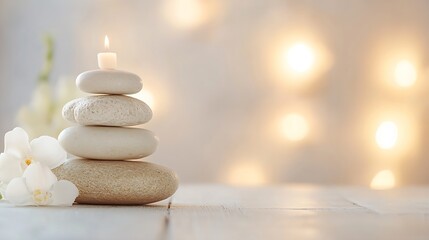 Poster - Serene spa scene: a lit candle rests atop a stack of smooth, light beige stones, complemented by delicate white orchids, all set against a softly blurred, warm-toned background. : Generative AI