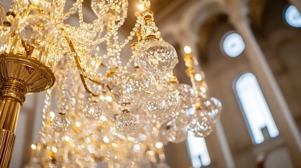 Aufkleber - Close-up view of a luxurious crystal chandelier with gold accents, hanging in an elegant, bright interior space, showcasing intricate details and sparkling facets. : Generative AI