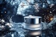 © fakii - A jar of face cream sits in a water splash, surrounded by blossoms and a serene forest scene