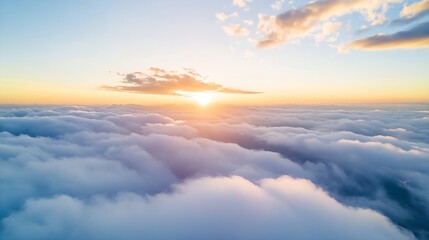 Aufkleber - Aerial view of a breathtaking sunset over a boundless sea of clouds, showcasing the warm golden hues of the sun's rays filtering through fluffy cumulus clouds. : Generative AI