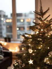 Poster - Close-up of a decorated christmas tree with warm lights, glass ornaments, and star decorations, set against a blurred city window background. : Generative AI