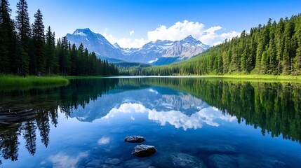 Poster - Serene mountain lake reflecting a stunning sky and snow-capped peaks, surrounded by lush evergreen forest.  A tranquil scene perfect for nature lovers and travel enthusiasts. : Generative AI
