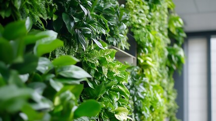 Aufkleber - A vibrant green wall of various plants, creating a lush and natural indoor environment.  Perfect for office spaces, homes, or commercial settings. : Generative AI