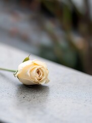 Poster - Single cream-colored rose resting gently on a light gray speckled surface, soft lighting, shallow depth of field, serene and peaceful mood. : Generative AI
