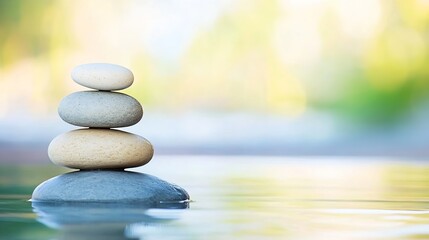 Poster - Serene Stack of Smooth Stones Resting on Calm Water, with a Softly Blurred Green and Yellow Background. : Generative AI