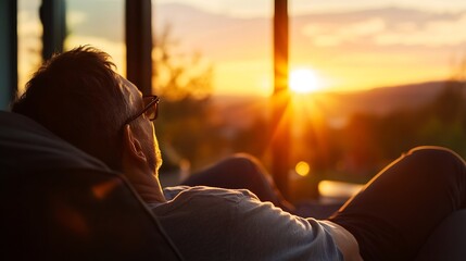 Aufkleber - Man relaxes in comfortable chair, enjoying sunset view through large window, golden hour light illuminates scene, peaceful atmosphere. : Generative AI