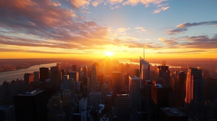 Aufkleber - Aerial view of Manhattan skyline at sunset, showcasing skyscrapers bathed in warm golden light, with a vibrant orange and yellow sky filled with clouds. : Generative AI