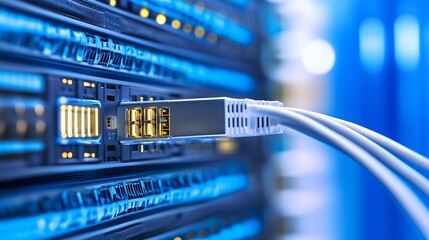 Aufkleber - Close-up view of fiber optic cable plugged into a network switch within a server rack, showcasing data transfer technology. : Generative AI