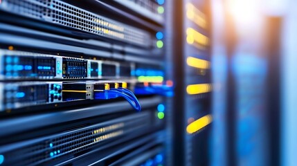 Poster - Close-up view of server rack with blue fiber optic cables connected, showcasing data center technology and network infrastructure. : Generative AI