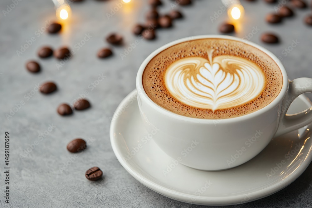 Aromatic espresso with latte art and coffee beans under warm lighting