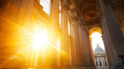 Poster - Sunbeams illuminate the majestic columns and architecture of a grand basilica, leading the eye towards a distant dome bathed in golden light. : Generative AI