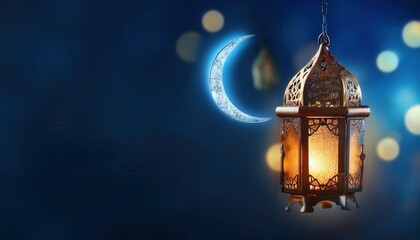 Poster - golden crescent moon and lantern ramadan photo for web design and brandin