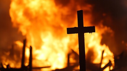 Leinwandbilder - Silhouette of a wooden cross stands tall against a backdrop of intense orange and yellow flames, suggesting a scene of destruction or fiery apocalypse. : Generative AI